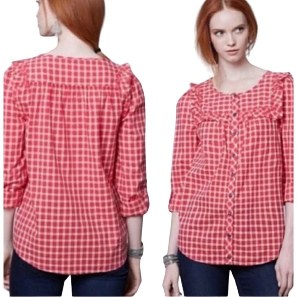 Anthropologie Holding Horses Plaid Button Up Shirt Top Ruffle Size 2